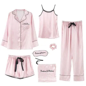 7 Pcs Woman Pajama Set Nightdress Top Long Short Pant Set Striped Sexy Female Pajamas