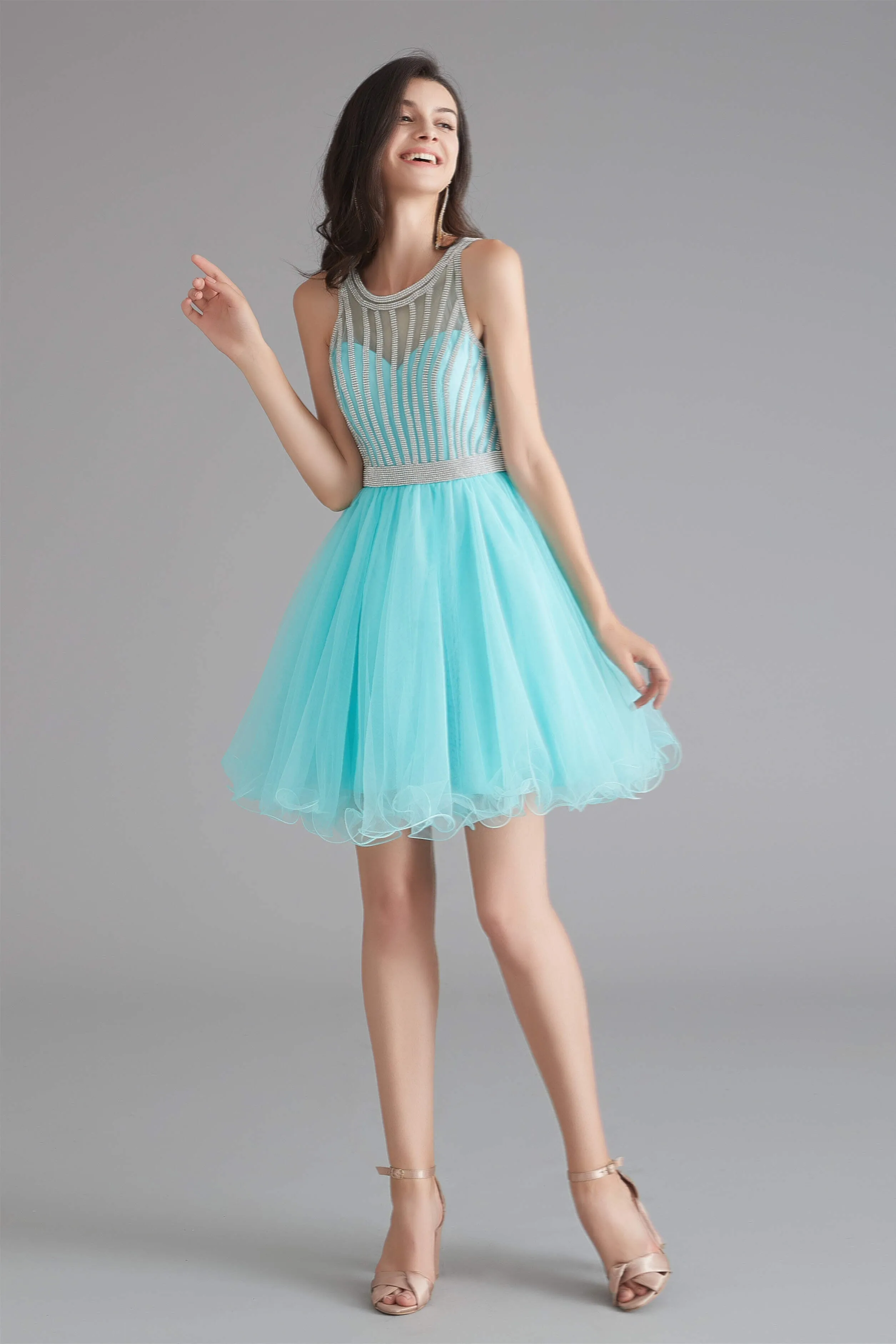 A-Line Tulle Sleeveless Beading Homecoming Dresses