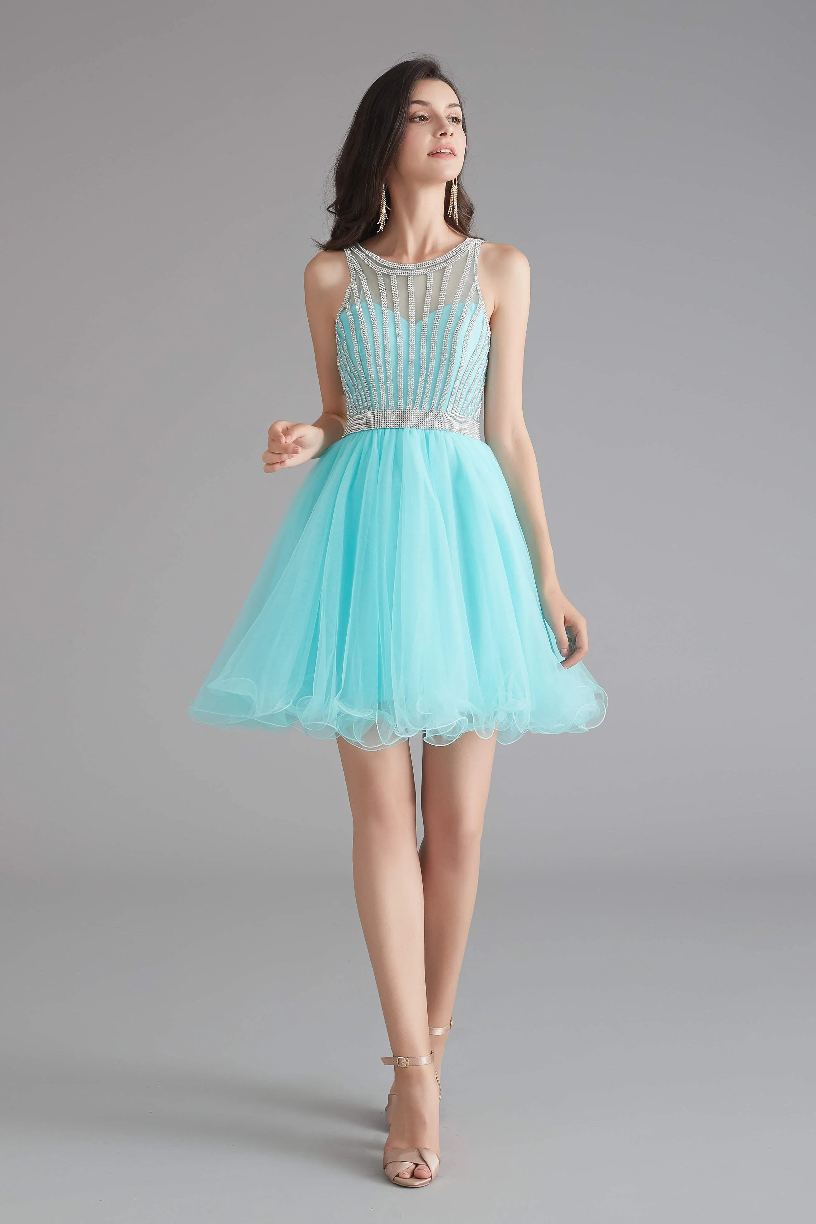 A-Line Tulle Sleeveless Beading Homecoming Dresses