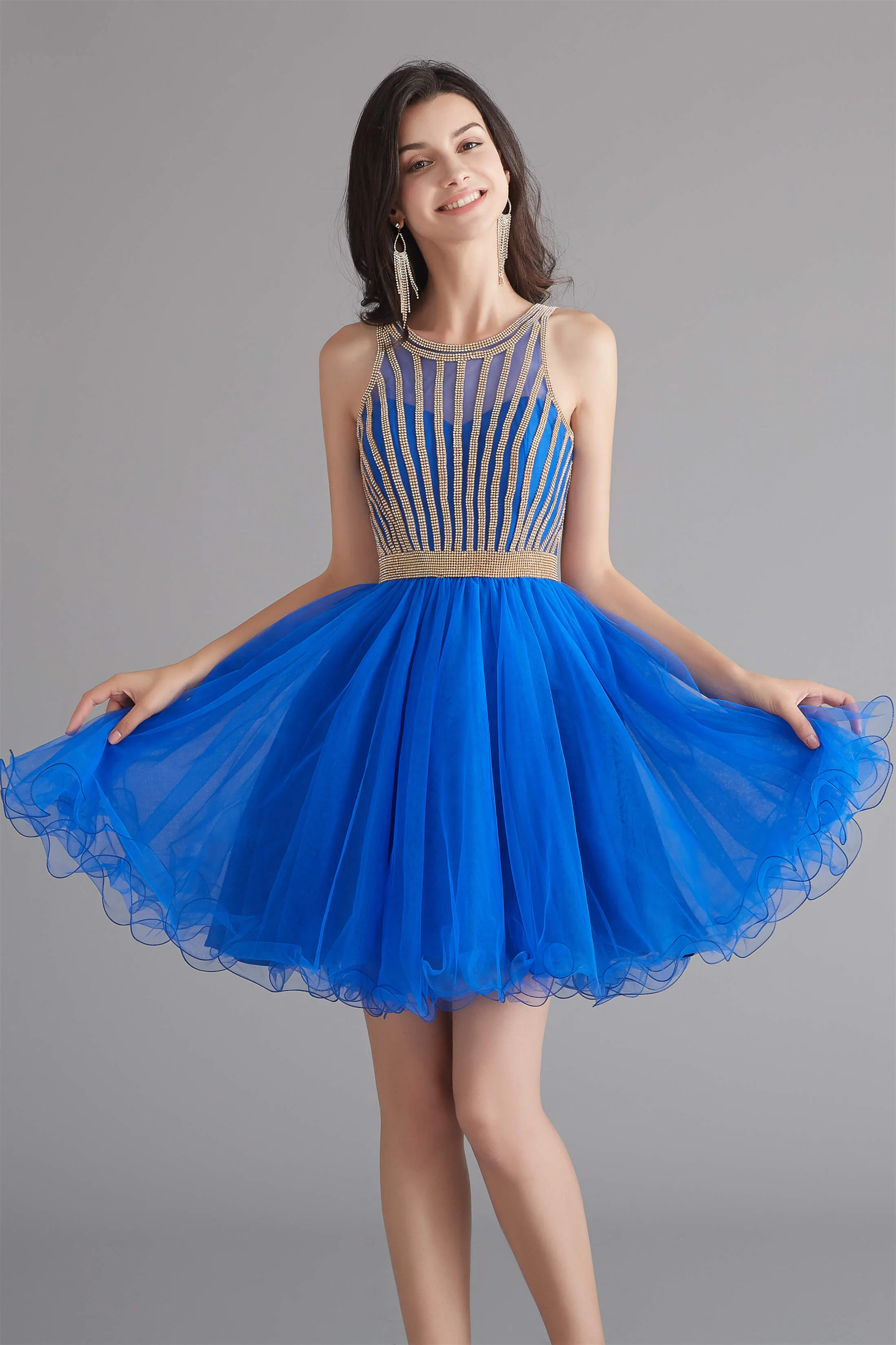 A-Line Tulle Sleeveless Beading Homecoming Dresses