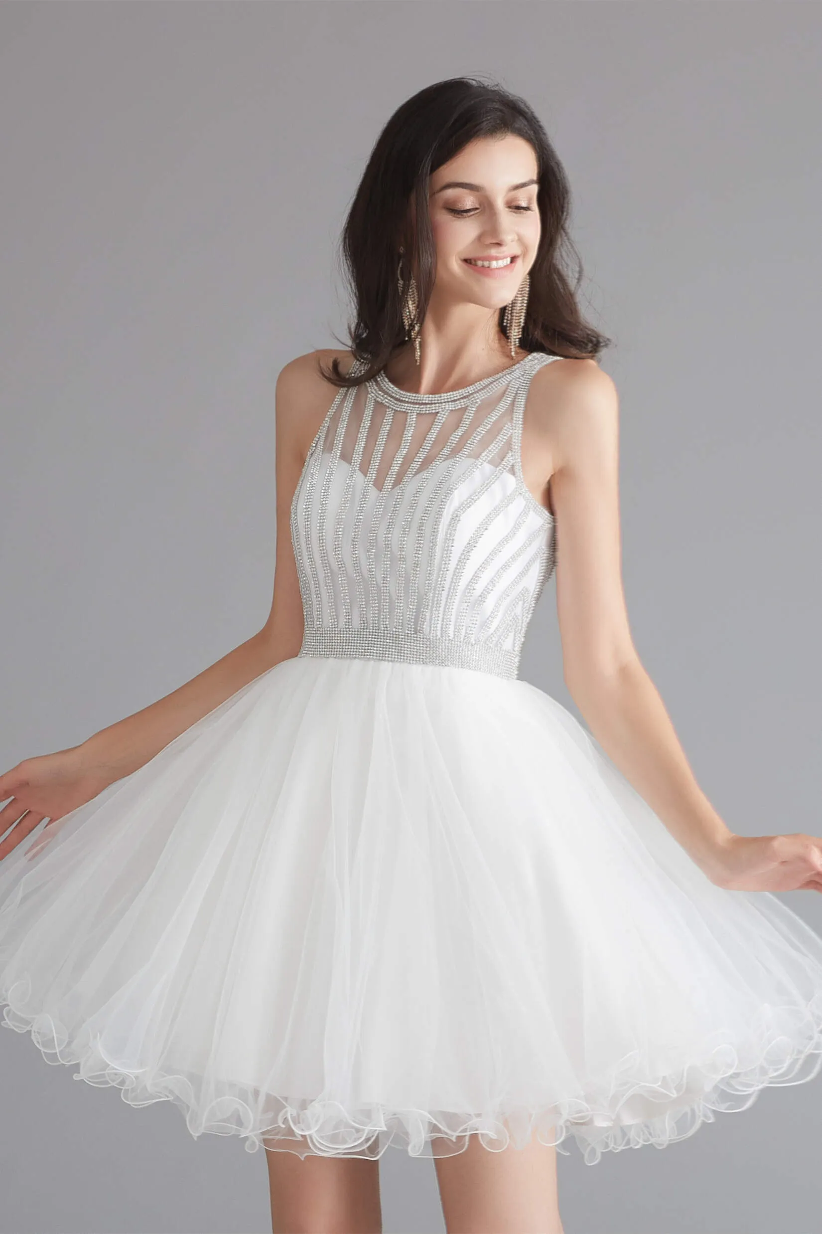 A-Line Tulle Sleeveless Beading Homecoming Dresses