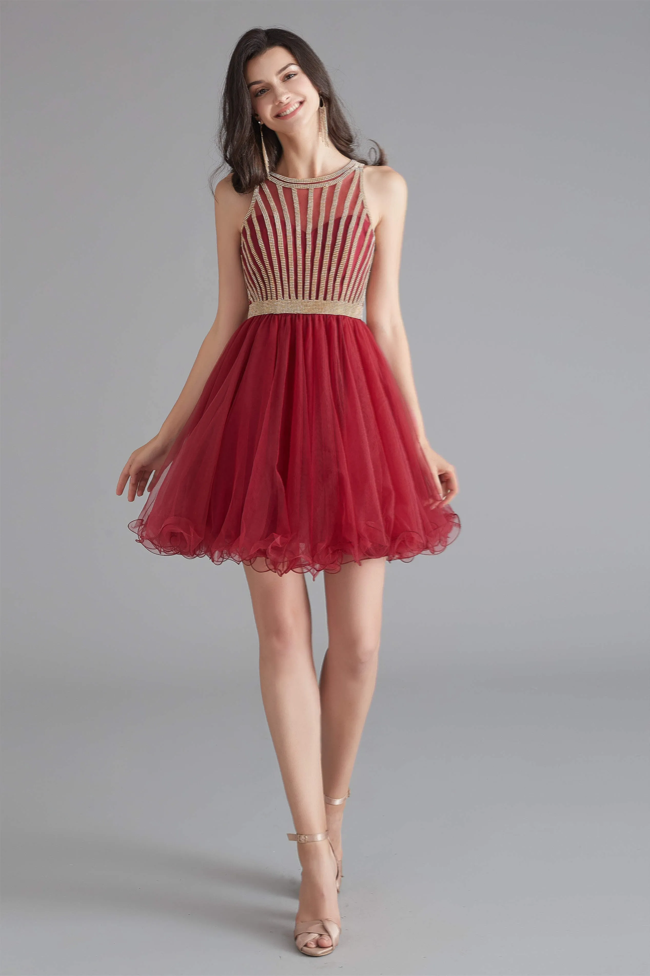 A-Line Tulle Sleeveless Beading Homecoming Dresses