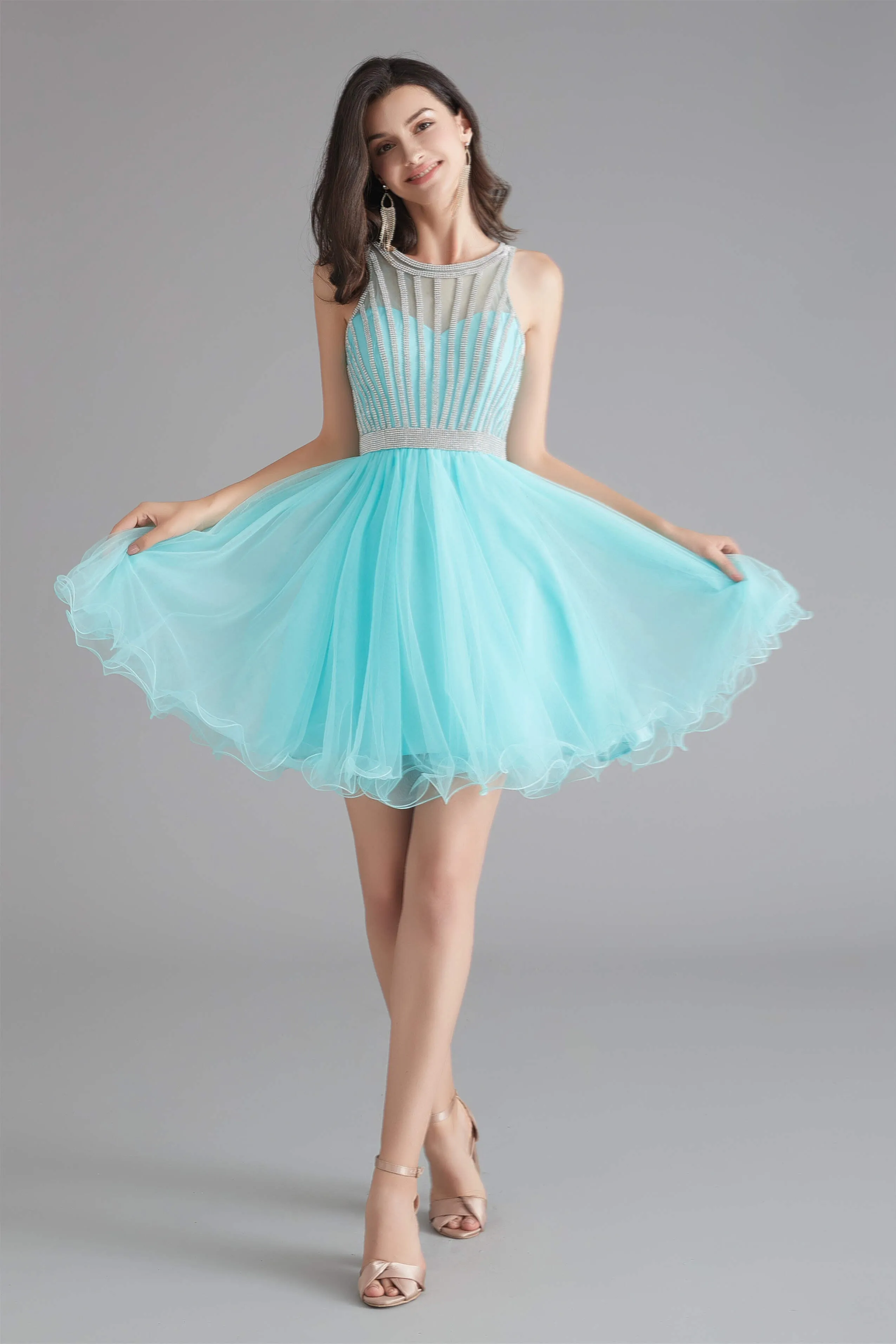 A-Line Tulle Sleeveless Beading Homecoming Dresses