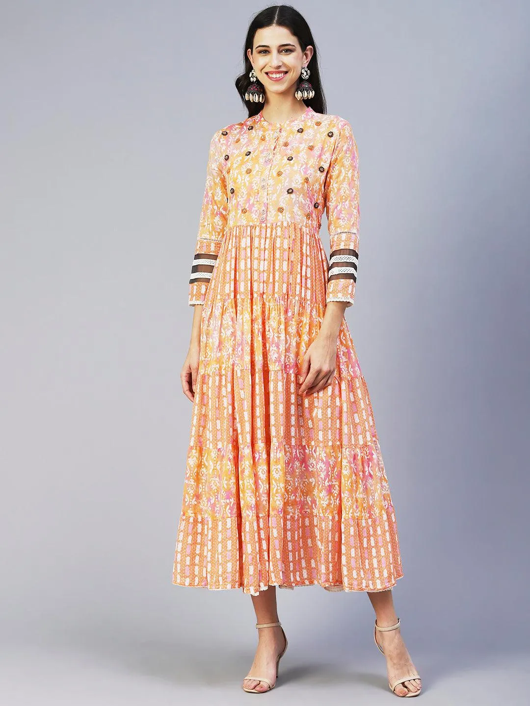 Abstract Printed Resham Embroidered Tiered Maxi Dress - Orange