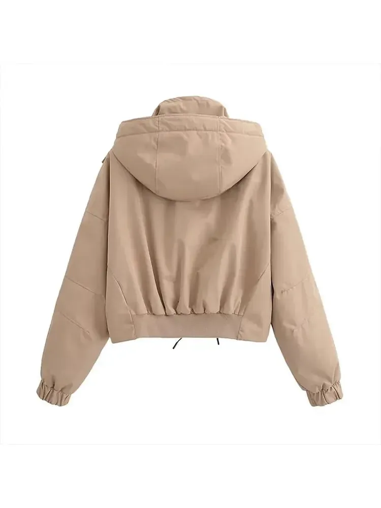 Autumn Chic Stand Collar Hooded Long Sleeves Zipper Pocket Crop Warm Stylish Coat