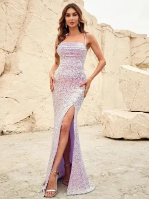 Back Lace Up Thigh Slit Sequin Mermaid Dresses