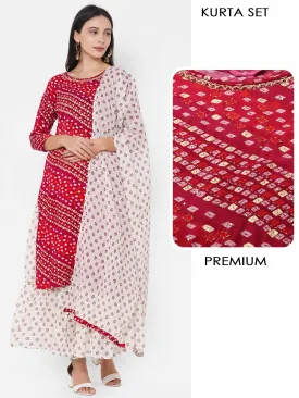 Bandhani Printed & Embroidered Kurta with Ethnic Printed Skirt & Ethnic Printed Dupatta - Carmine Red