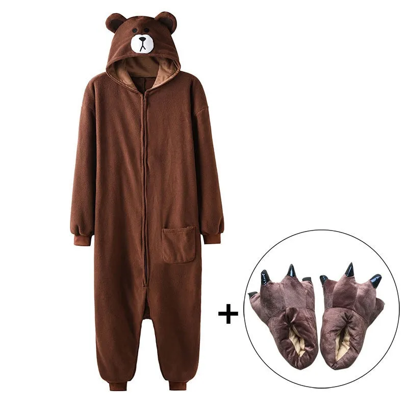 Bear Onesie Women Men Kigurumis Animal Pajama Cartoon Slippers Festival Homewear Winter Warm Suit Zipper Button Overalls