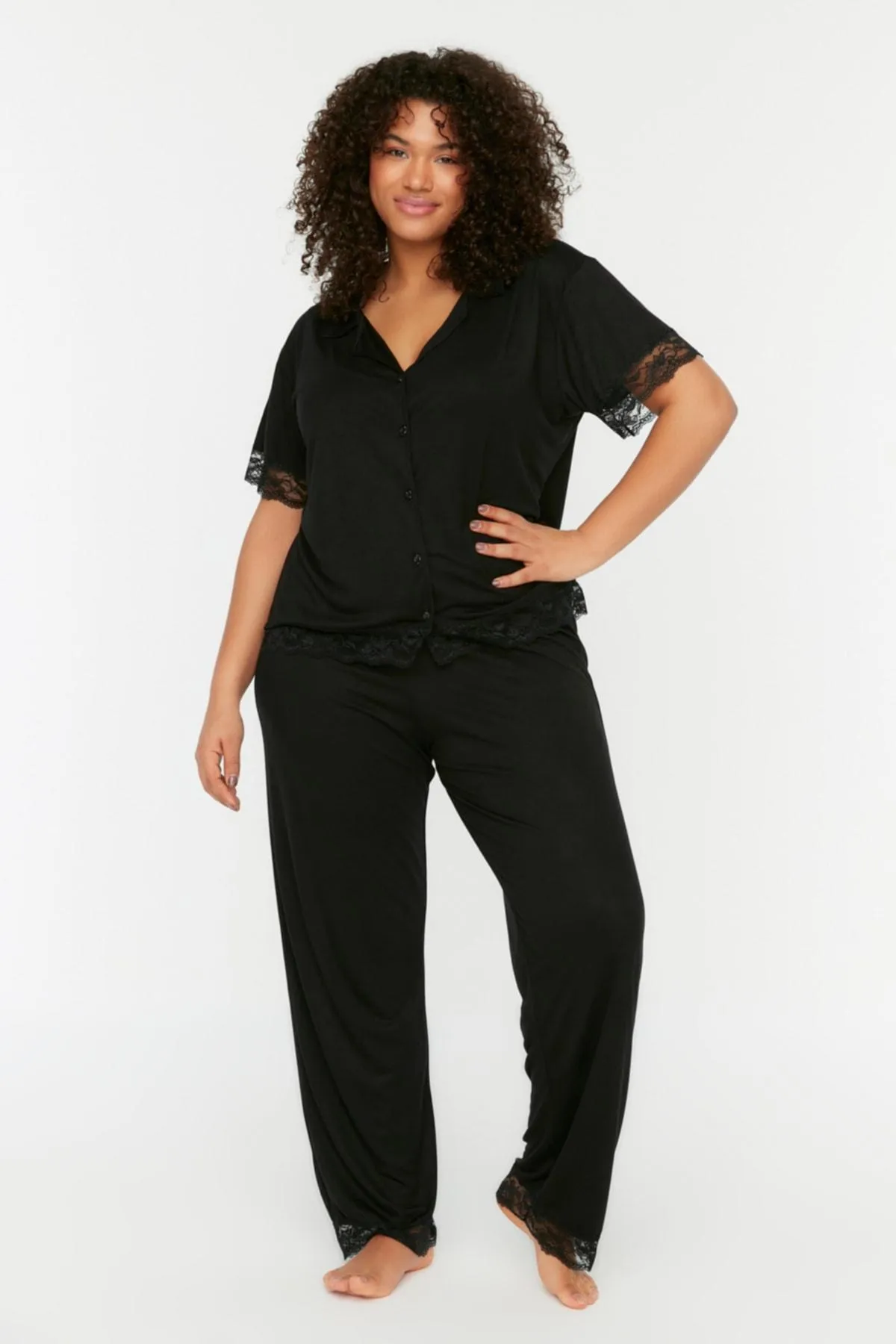 Black Lace Knitted Pajamas Set TBBSS22PT0623