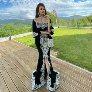 Black Moroccan Caftan Evening Dress Mermaid Velour Embroidery Half Sleeve Islamic Dubai Saudi Arabic Abaya Prom Dress