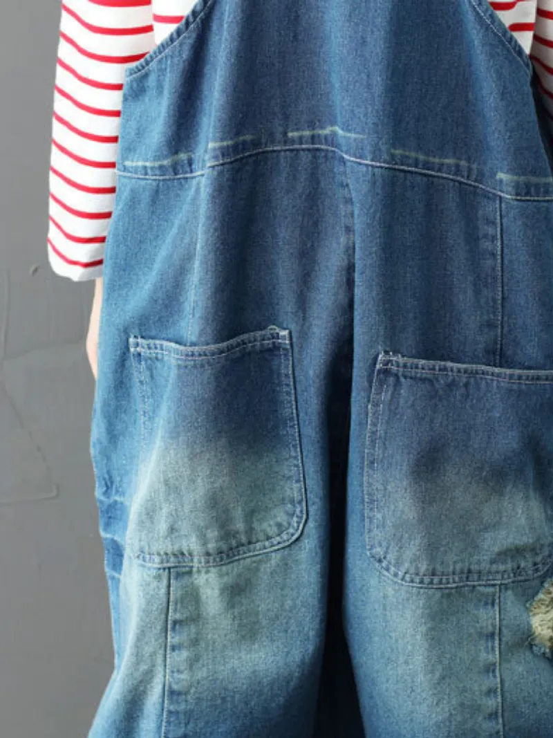 Bohemian Style Women's Short Patch Denim Overalls