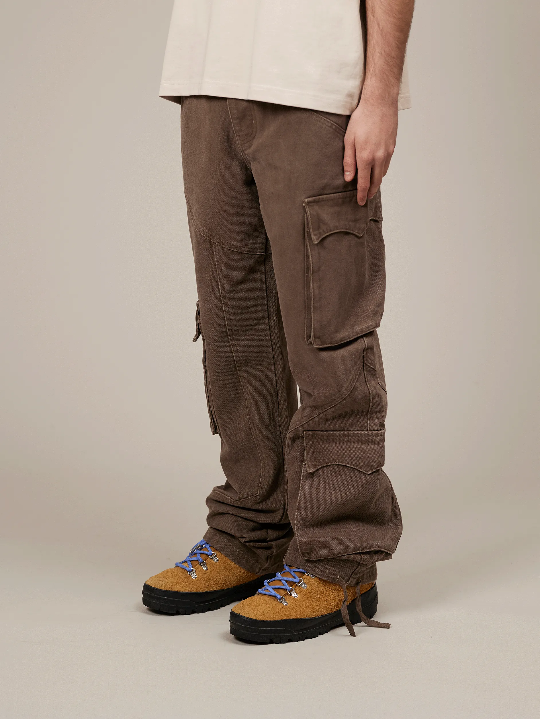 BROWN WASHED DECONSTRUCTED CARGO PANTS