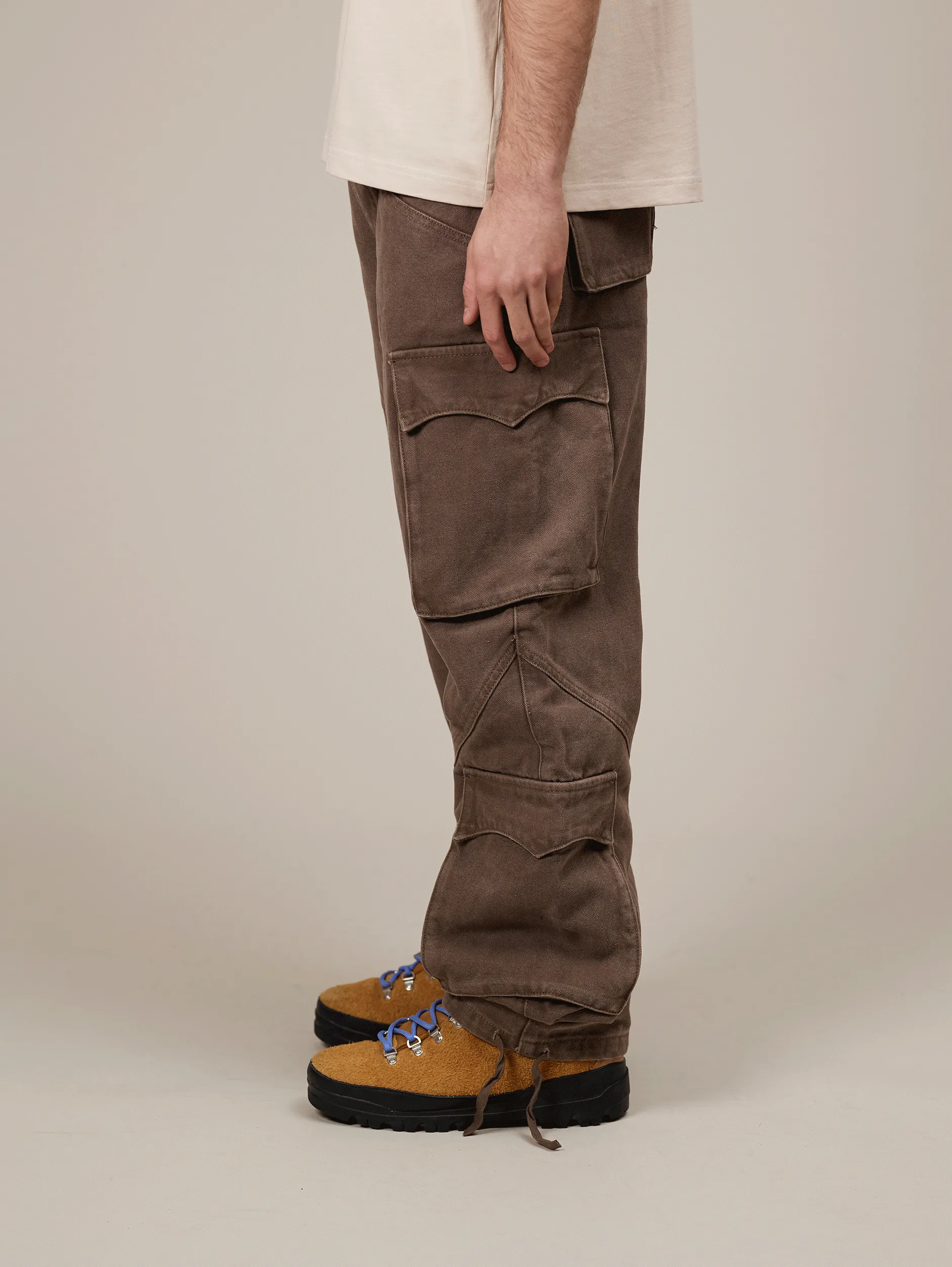 BROWN WASHED DECONSTRUCTED CARGO PANTS