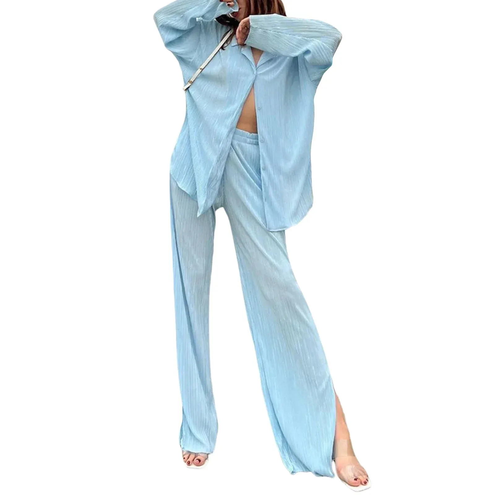 Button-Down Lapel Long Sleeve Wide Legs Streetwear Pleated Pajamas