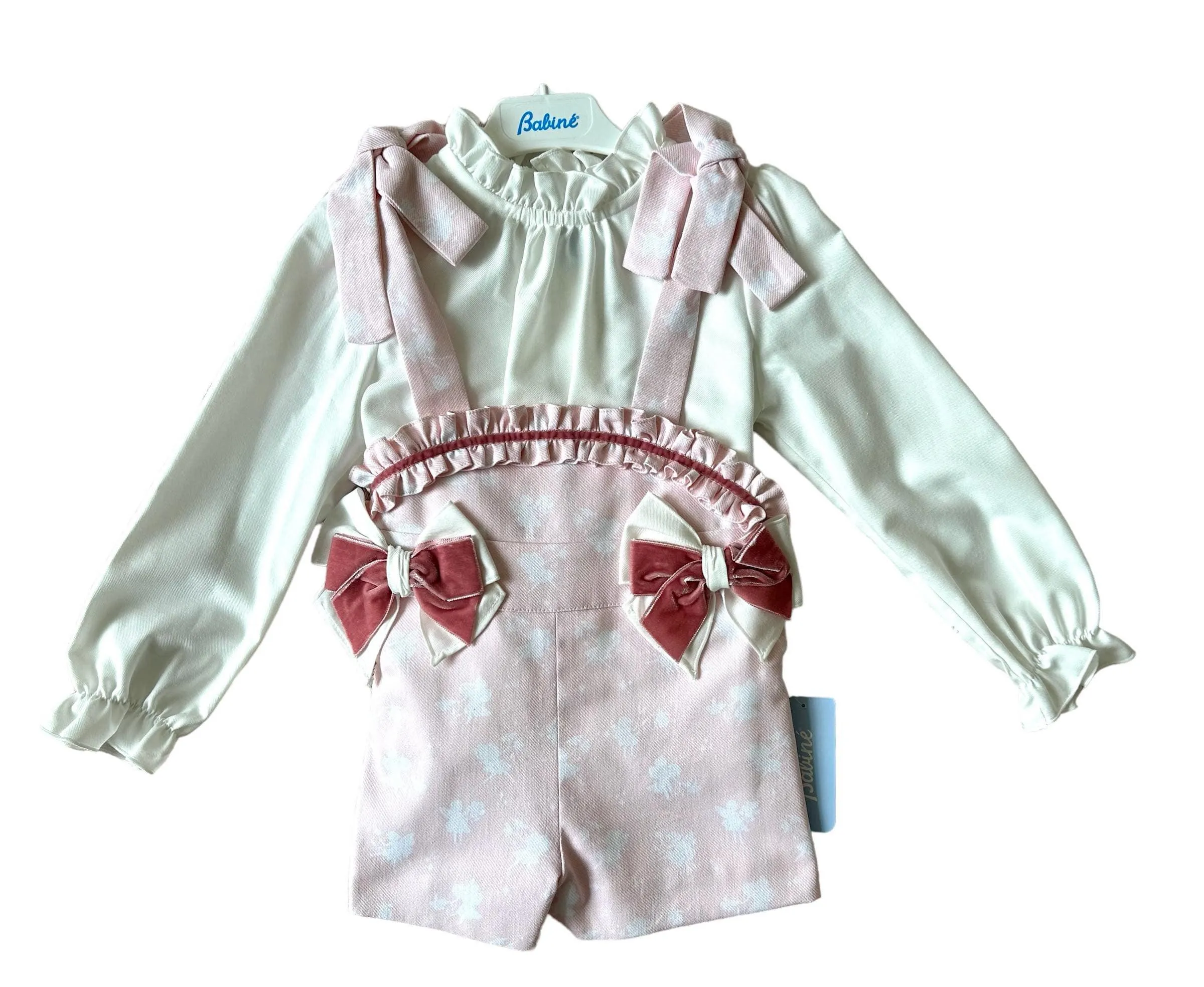 CLEARANCE SALE - Babine AW23 - Girls Pink & White Short Dungaree & Blouse Set Fairies Collection