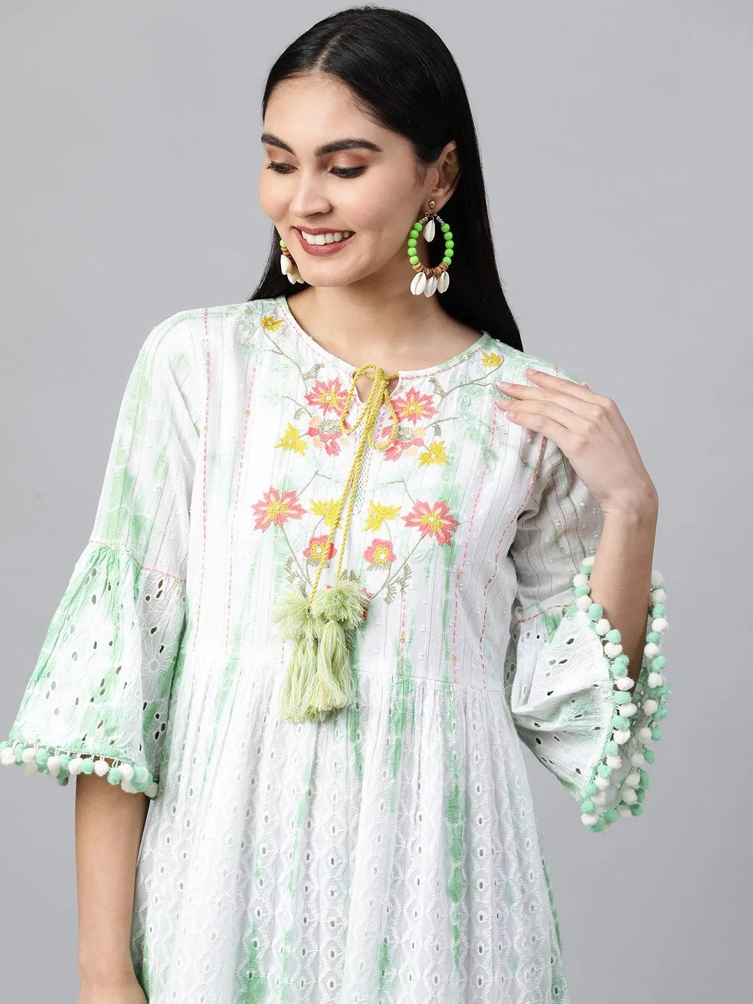 Cutwork & Floral Embroidered Tiered Kurti – White