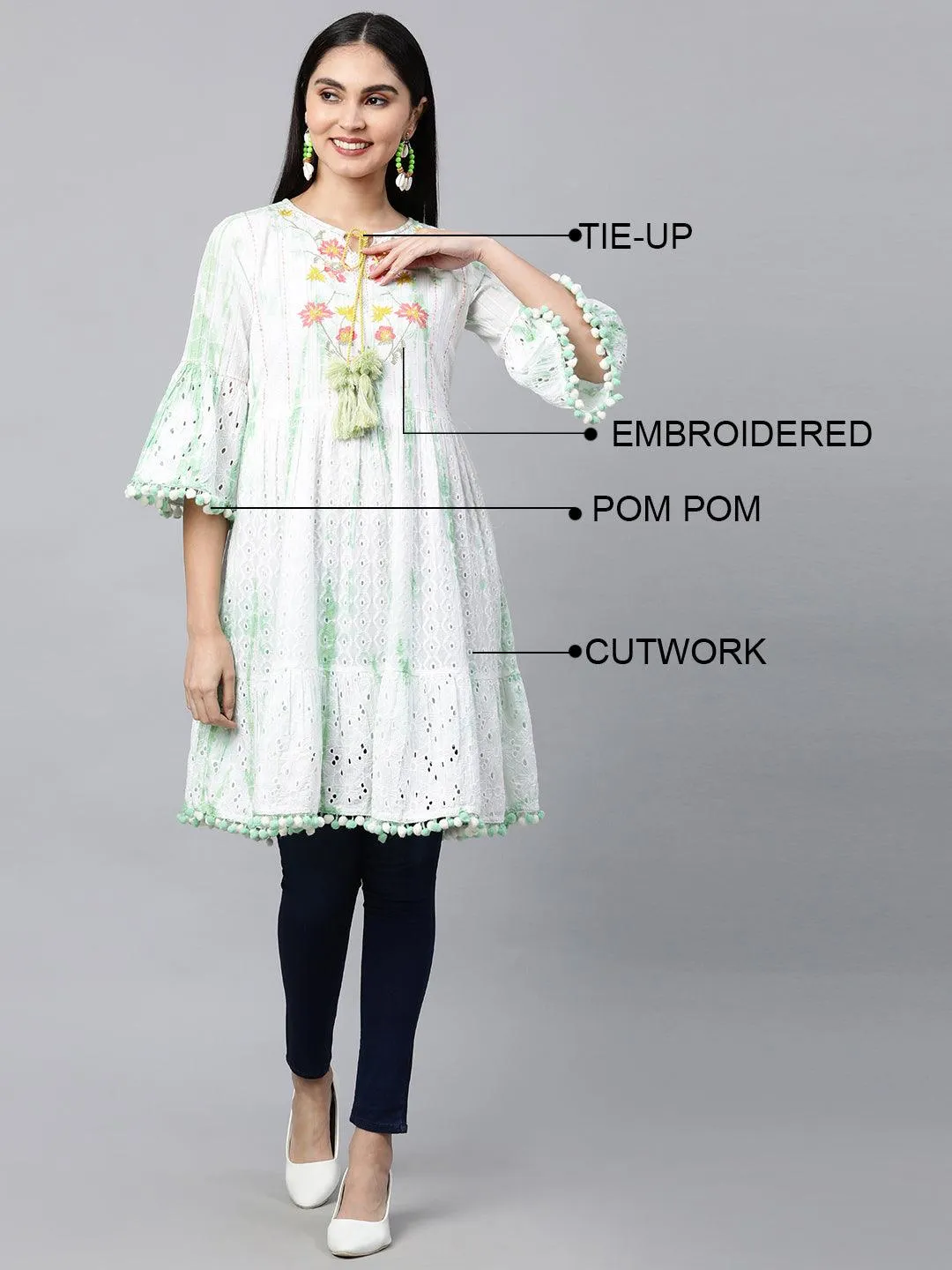 Cutwork & Floral Embroidered Tiered Kurti – White