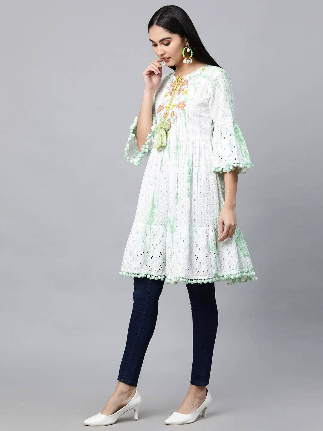 Cutwork & Floral Embroidered Tiered Kurti – White