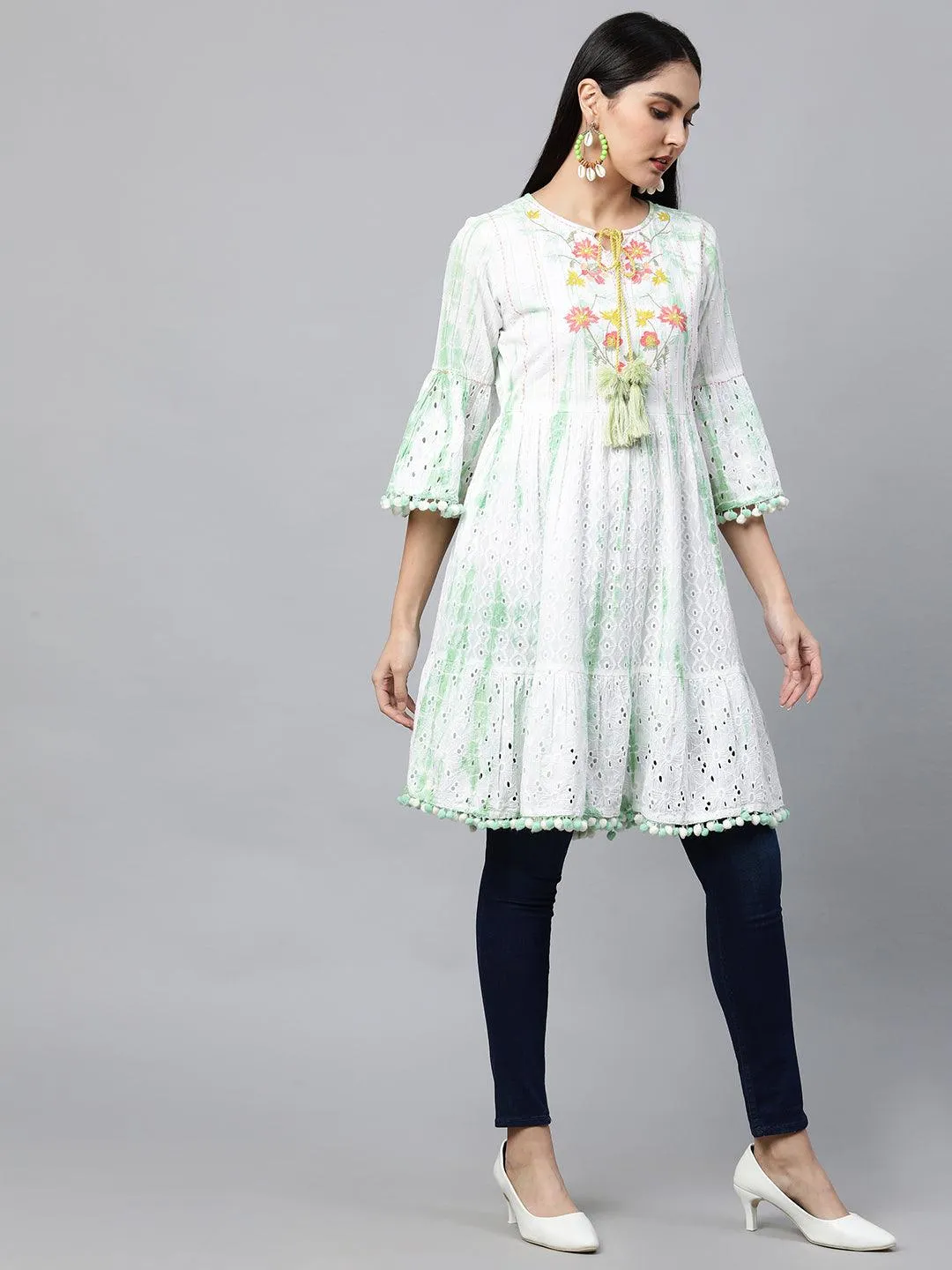 Cutwork & Floral Embroidered Tiered Kurti – White