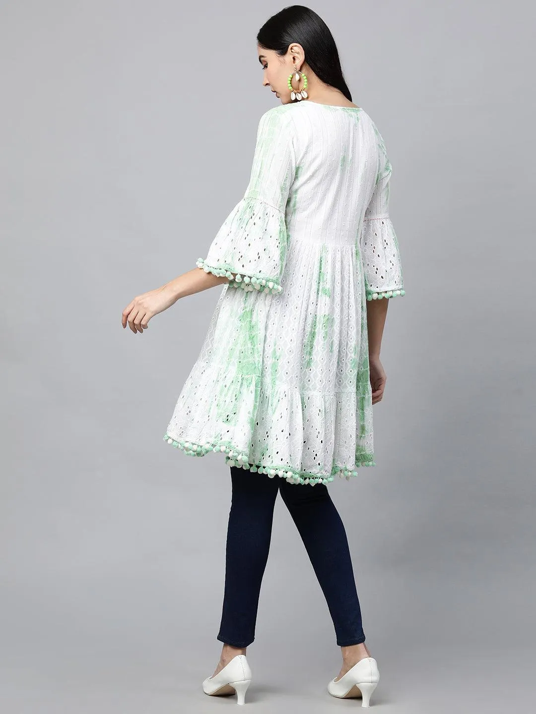 Cutwork & Floral Embroidered Tiered Kurti – White