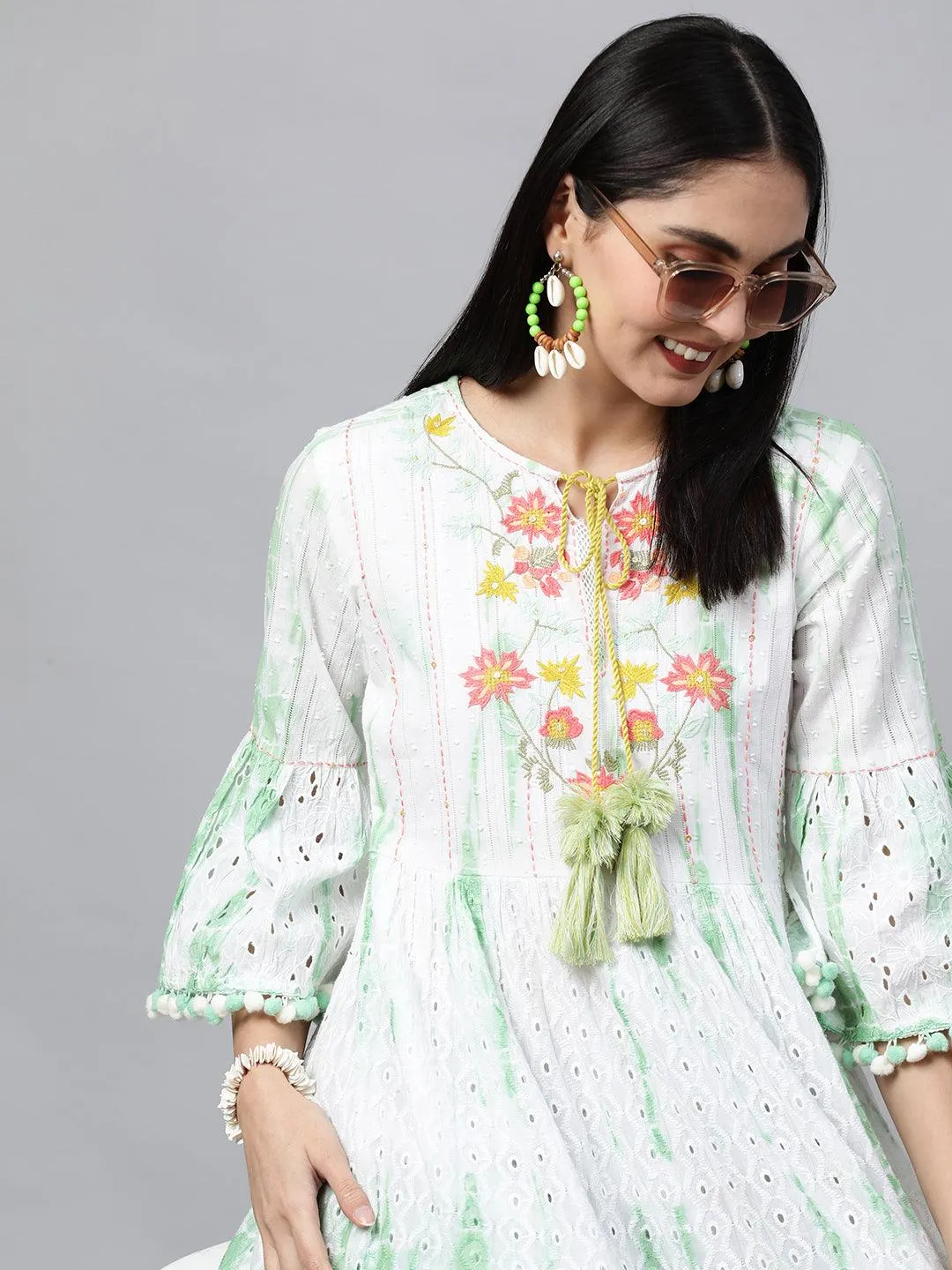 Cutwork & Floral Embroidered Tiered Kurti – White