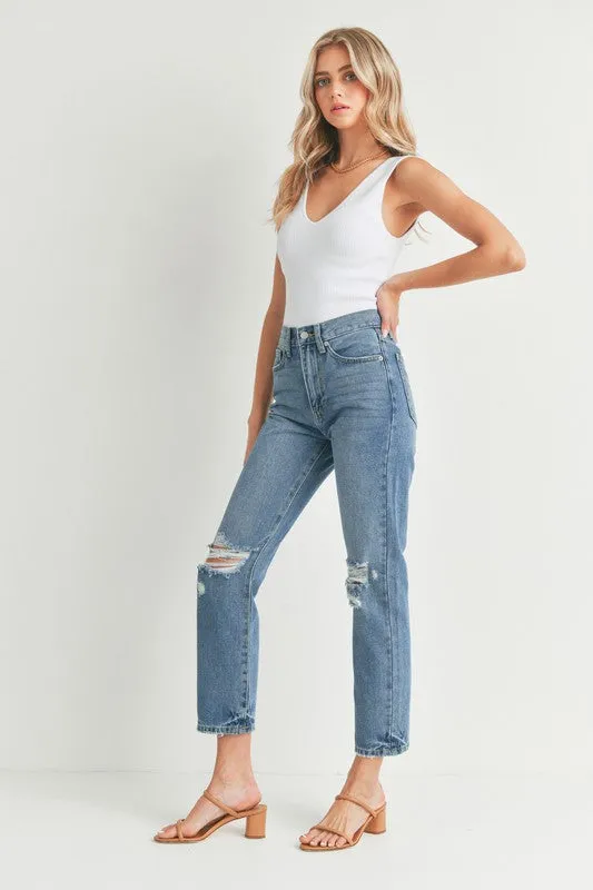 Distressed Straight Jeans Medium Denim