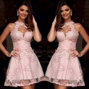 Elegant  A-line Pink Halter Lace Appliques Sleeveless Backless V-neck  Knee-length Homecoming Dress,BD0102