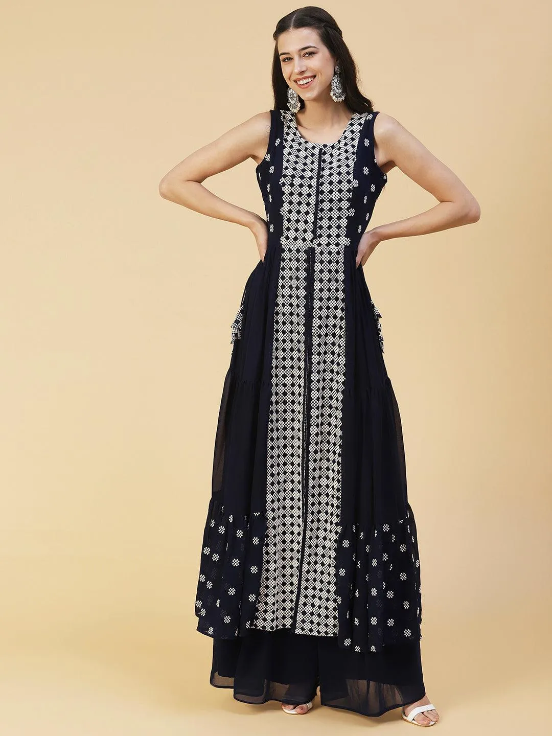 Ethnic Embroidered Flared Kurta with Palazzo & Dupatta - Deep Navy Blue