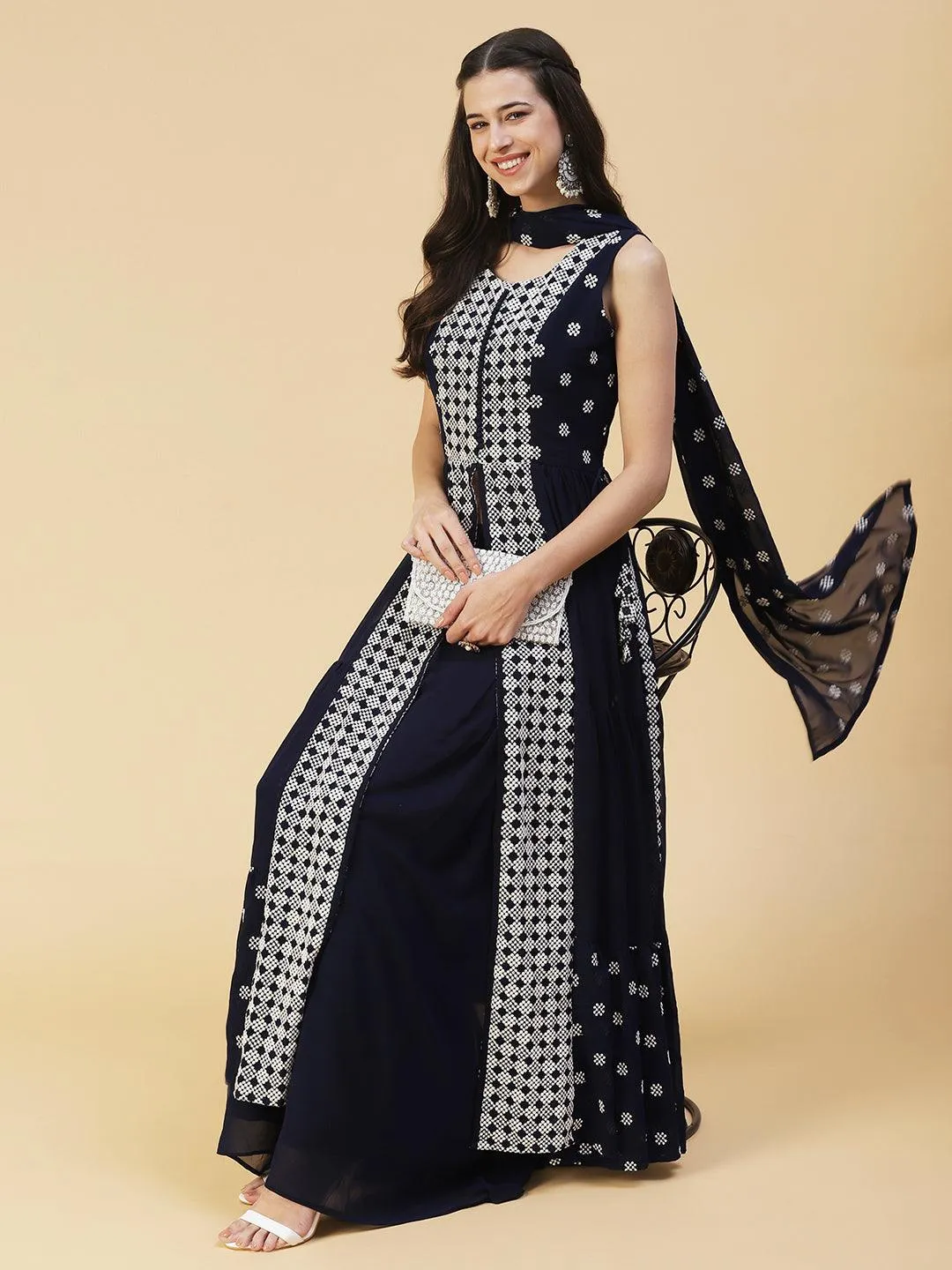 Ethnic Embroidered Flared Kurta with Palazzo & Dupatta - Deep Navy Blue