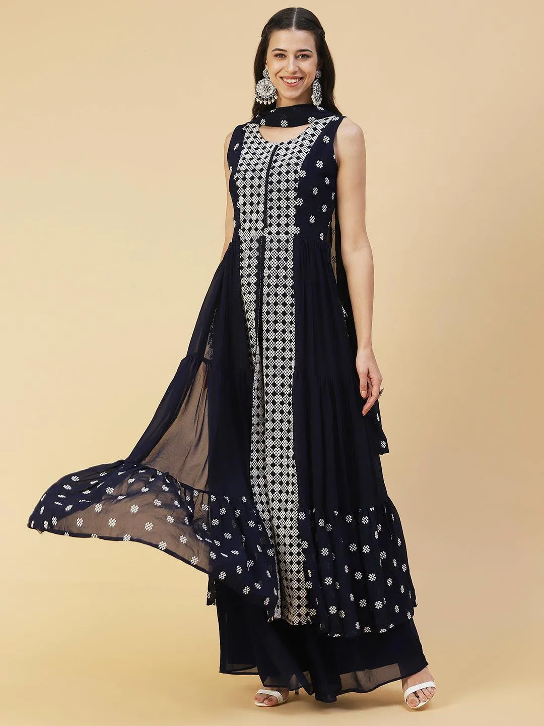 Ethnic Embroidered Flared Kurta with Palazzo & Dupatta - Deep Navy Blue