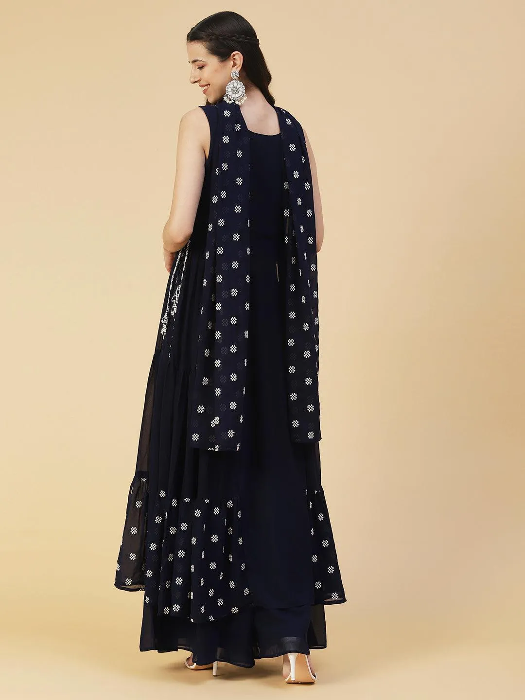 Ethnic Embroidered Flared Kurta with Palazzo & Dupatta - Deep Navy Blue