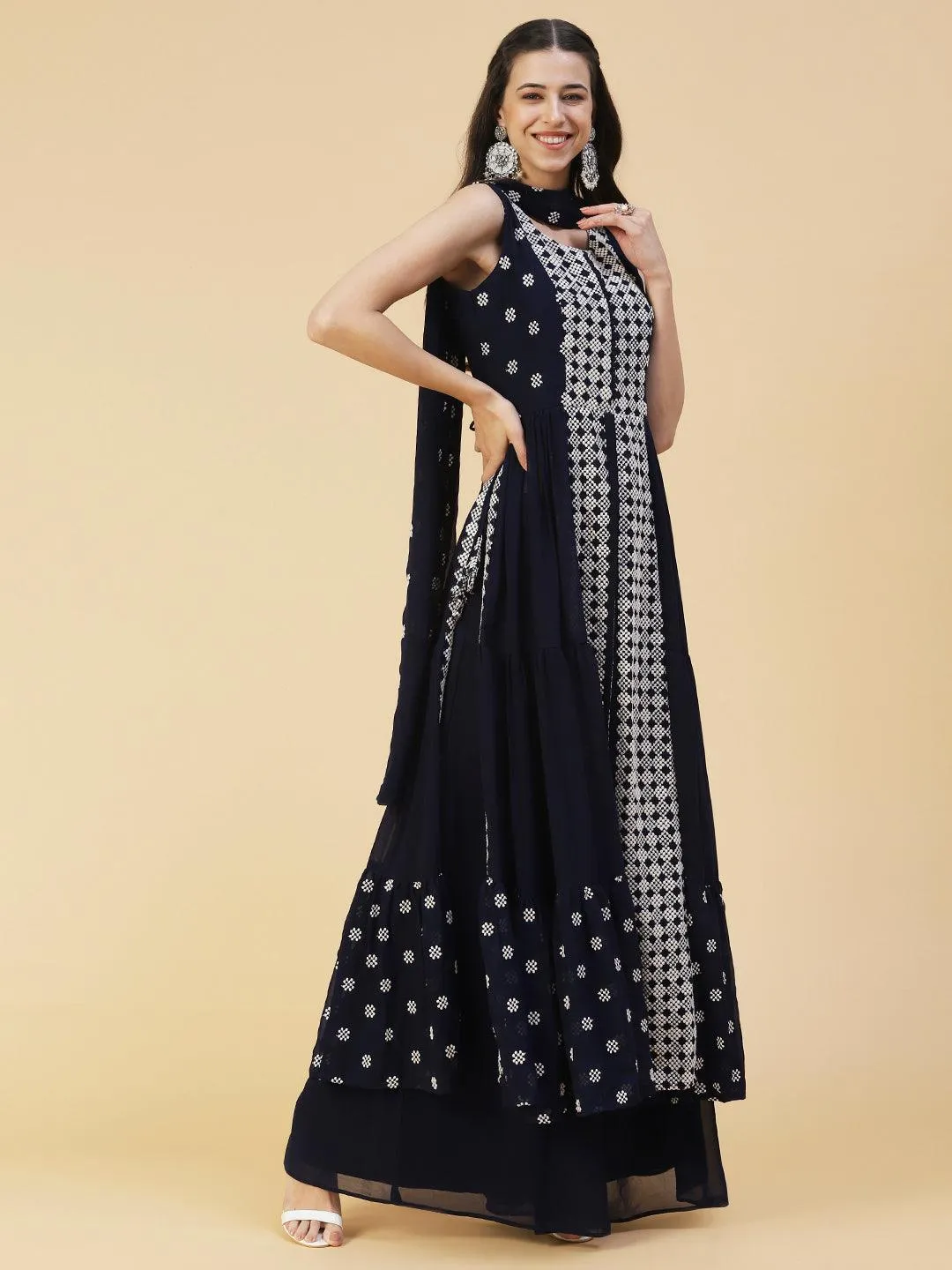 Ethnic Embroidered Flared Kurta with Palazzo & Dupatta - Deep Navy Blue