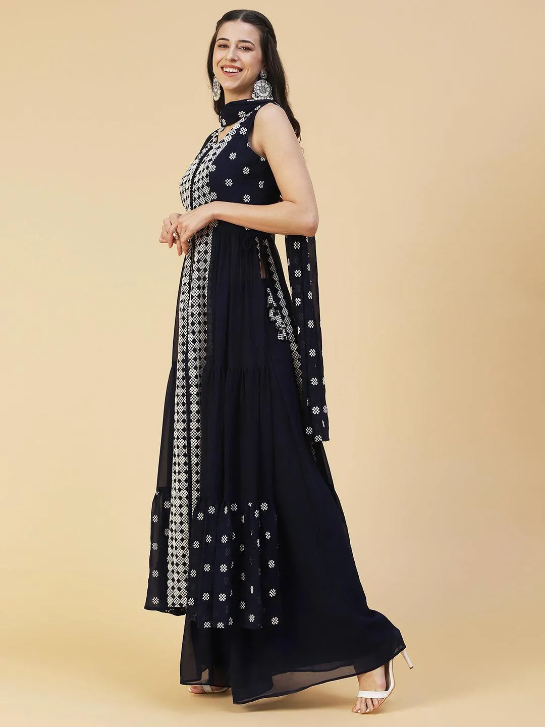 Ethnic Embroidered Flared Kurta with Palazzo & Dupatta - Deep Navy Blue