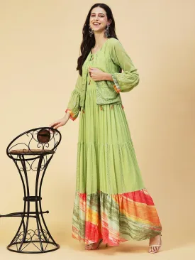 Ethnic Embroidered Tiered Fit & Flare Maxi Dress - Green