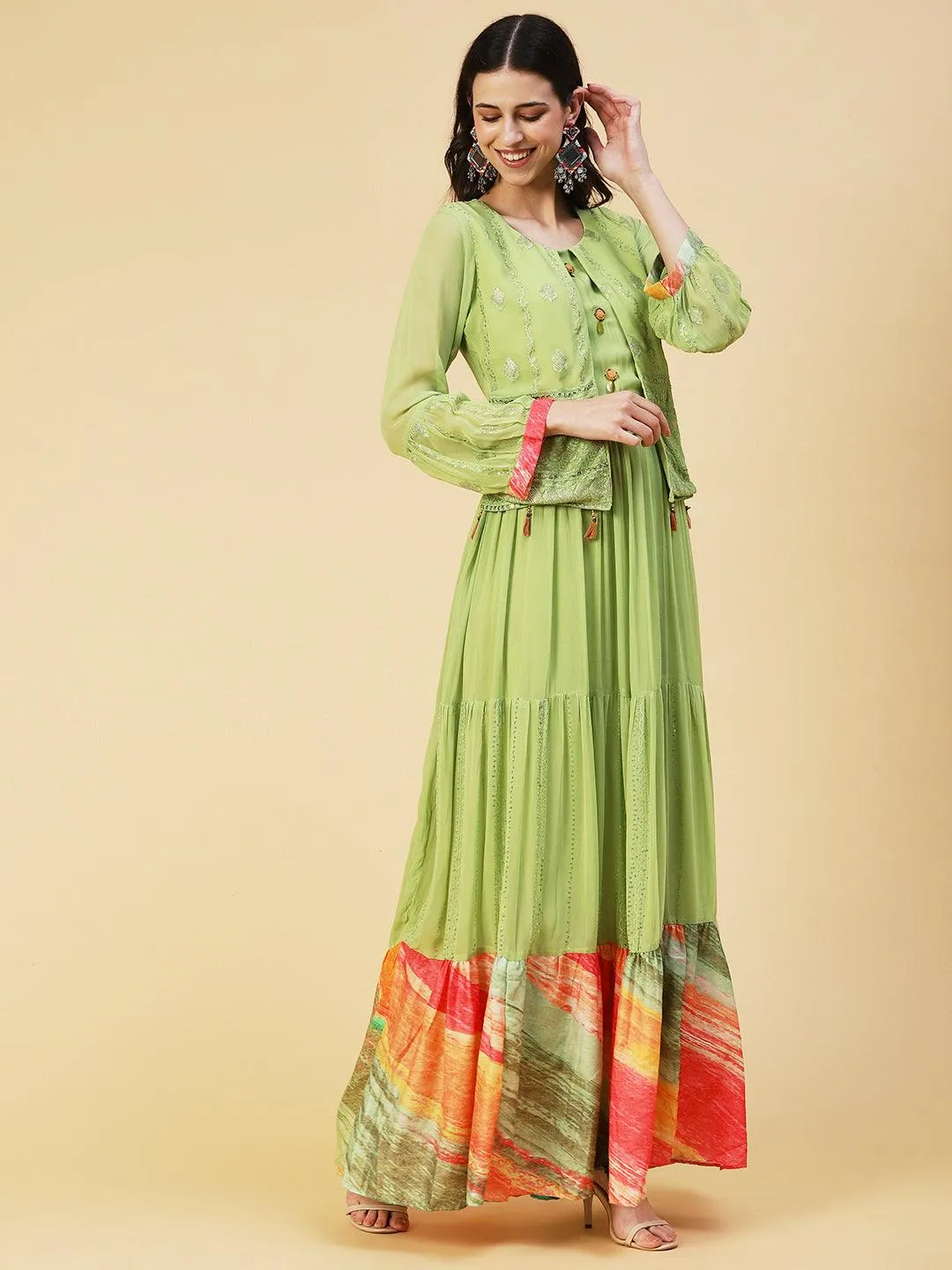 Ethnic Embroidered Tiered Fit & Flare Maxi Dress - Green