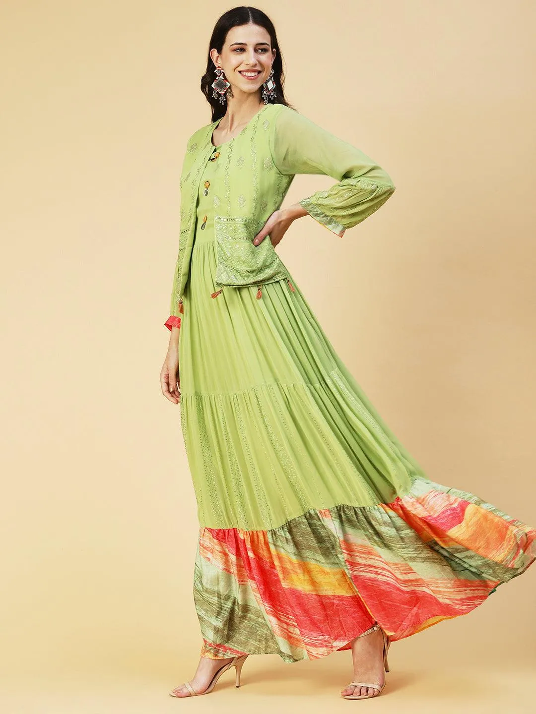 Ethnic Embroidered Tiered Fit & Flare Maxi Dress - Green