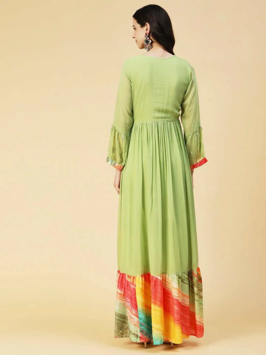 Ethnic Embroidered Tiered Fit & Flare Maxi Dress - Green