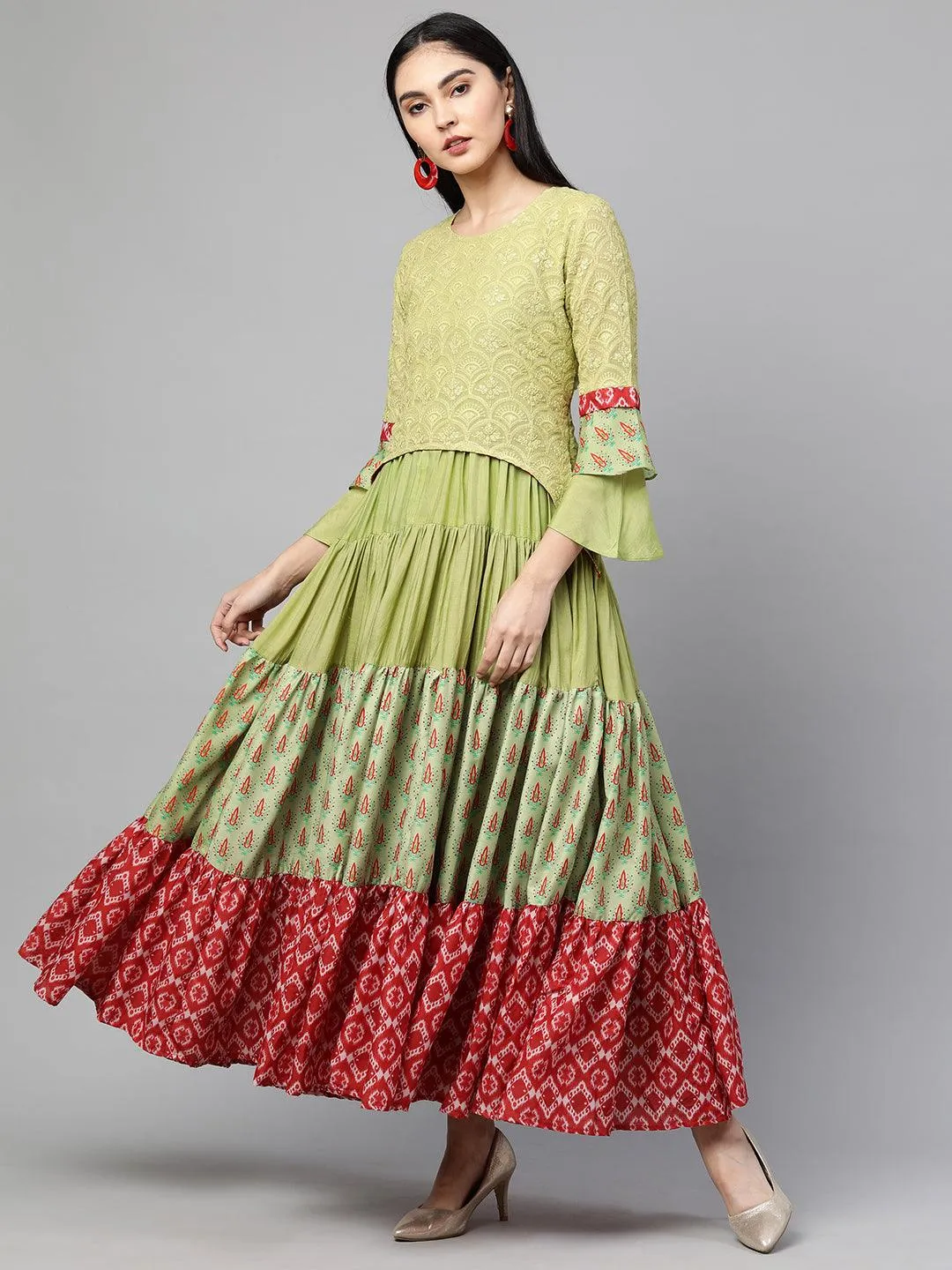 Ethnic Printed & Embroidered Layered Maxi Dress - Green