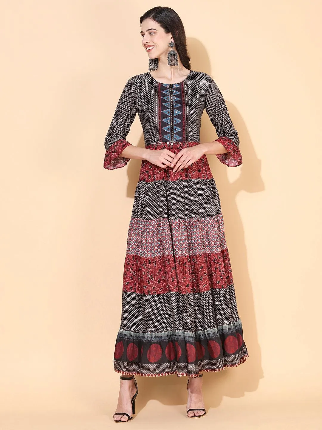 Ethnic Printed & Embroidered Tiered Flared Maxi Dress - Multi