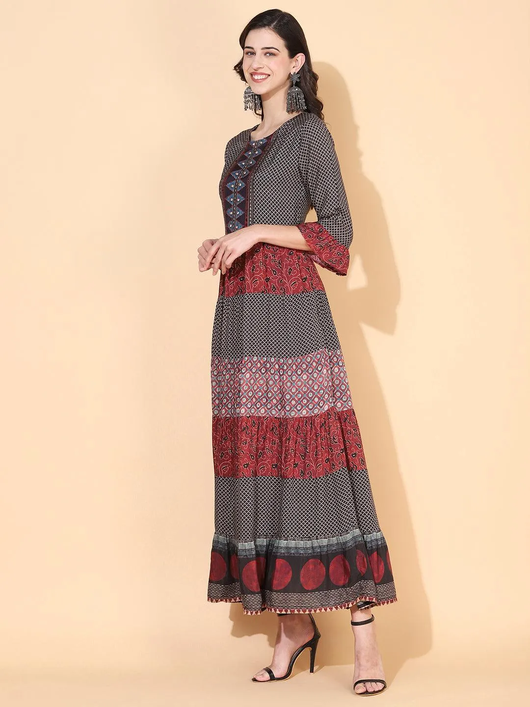 Ethnic Printed & Embroidered Tiered Flared Maxi Dress - Multi