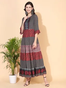 Ethnic Printed & Embroidered Tiered Flared Maxi Dress - Multi