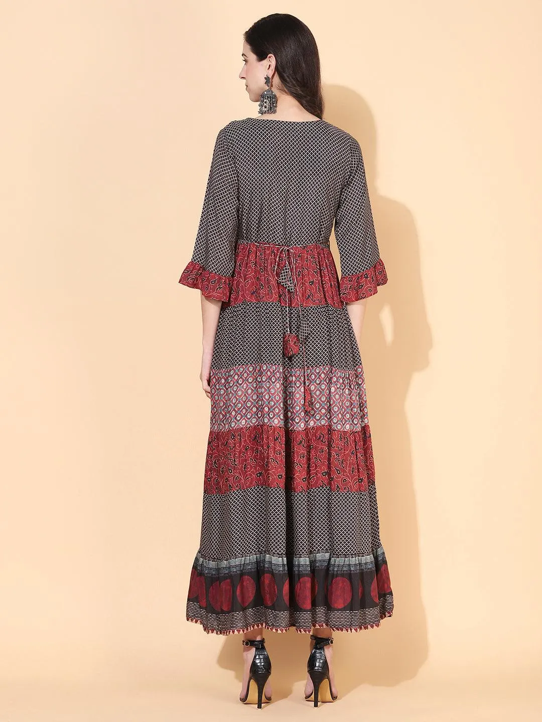 Ethnic Printed & Embroidered Tiered Flared Maxi Dress - Multi