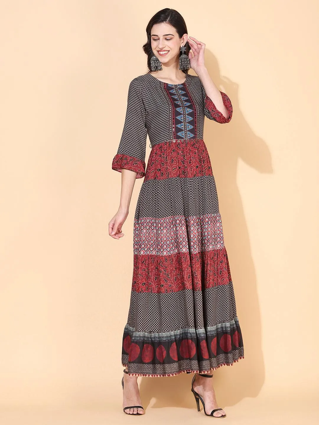 Ethnic Printed & Embroidered Tiered Flared Maxi Dress - Multi