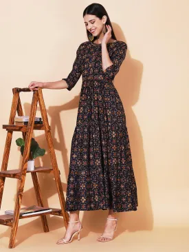 Ethnic Printed & Embroidered Tiered Flared Maxi Dress - Navy Blue