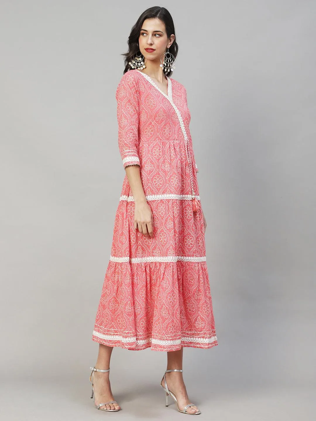 Ethnic Printed & Embroidered Tiered Flared Maxi Dress - Pink