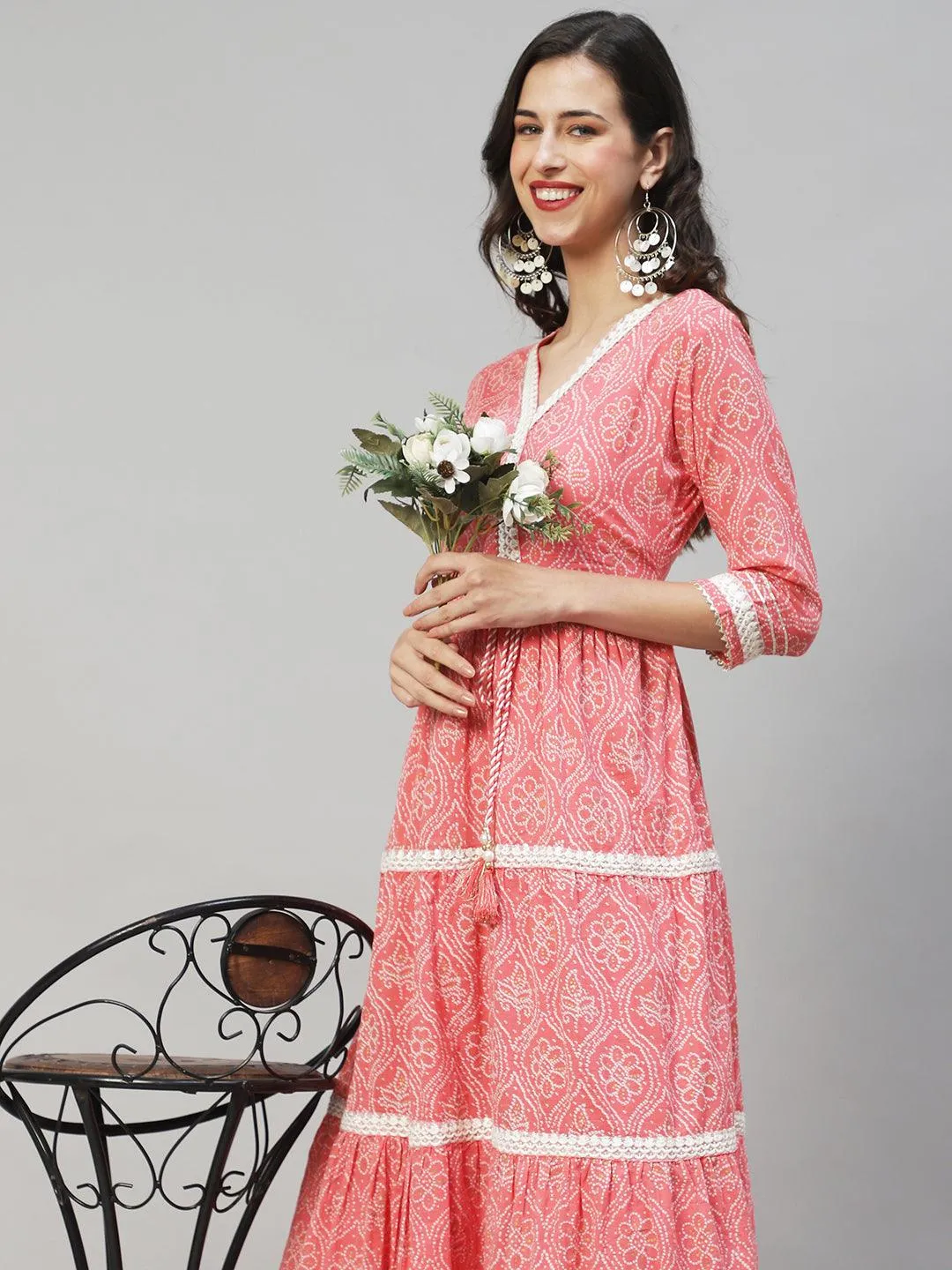 Ethnic Printed & Embroidered Tiered Flared Maxi Dress - Pink