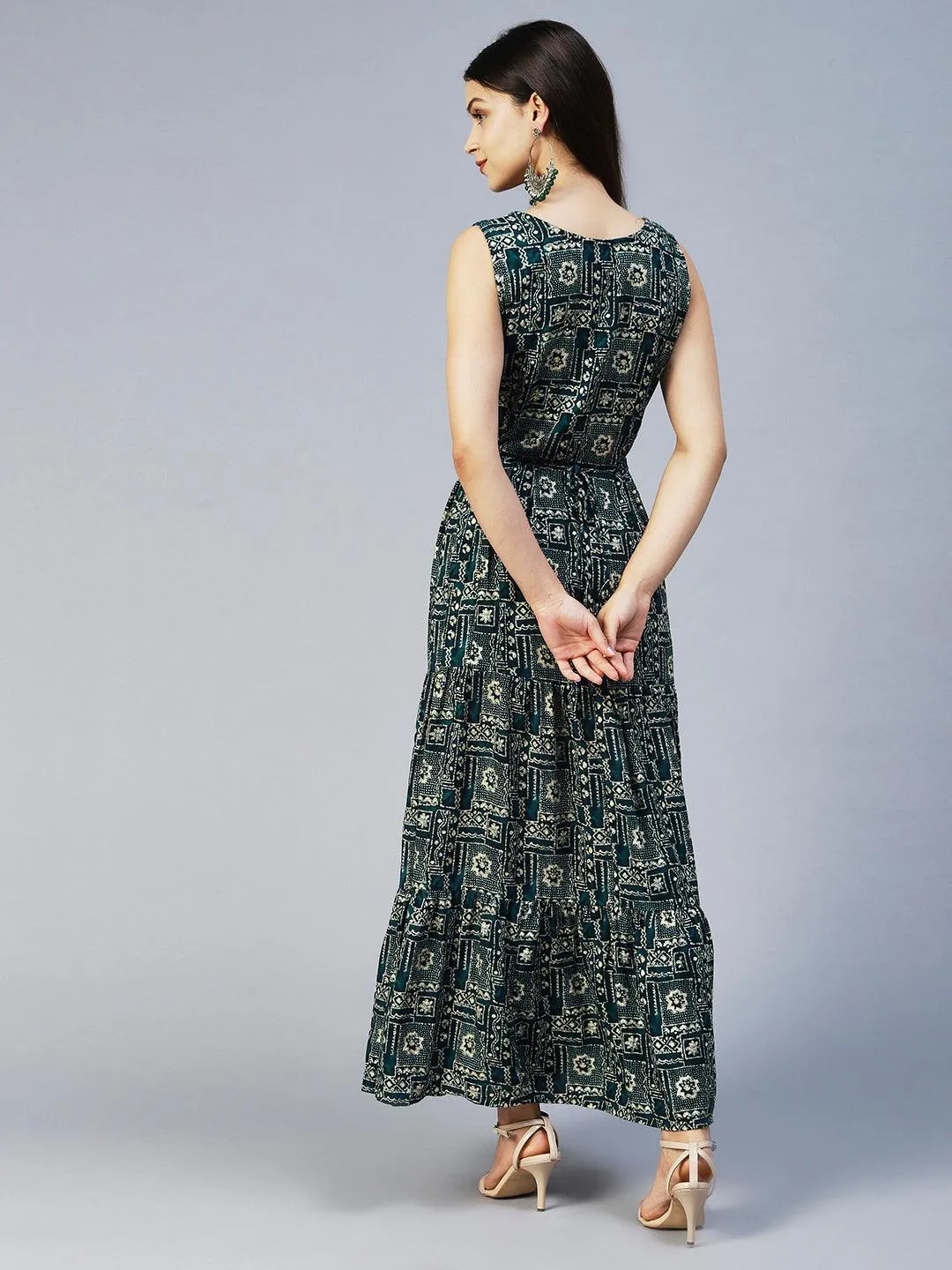 Ethnic Printed & Embroidered Tiered Flared Maxi Dress - Teal Blue