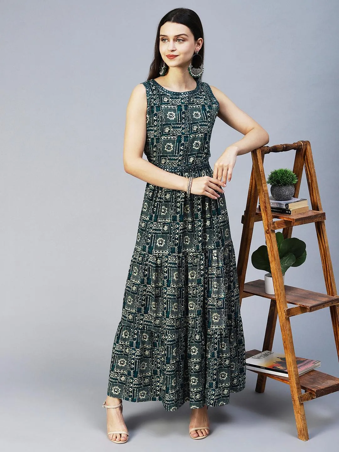 Ethnic Printed & Embroidered Tiered Flared Maxi Dress - Teal Blue