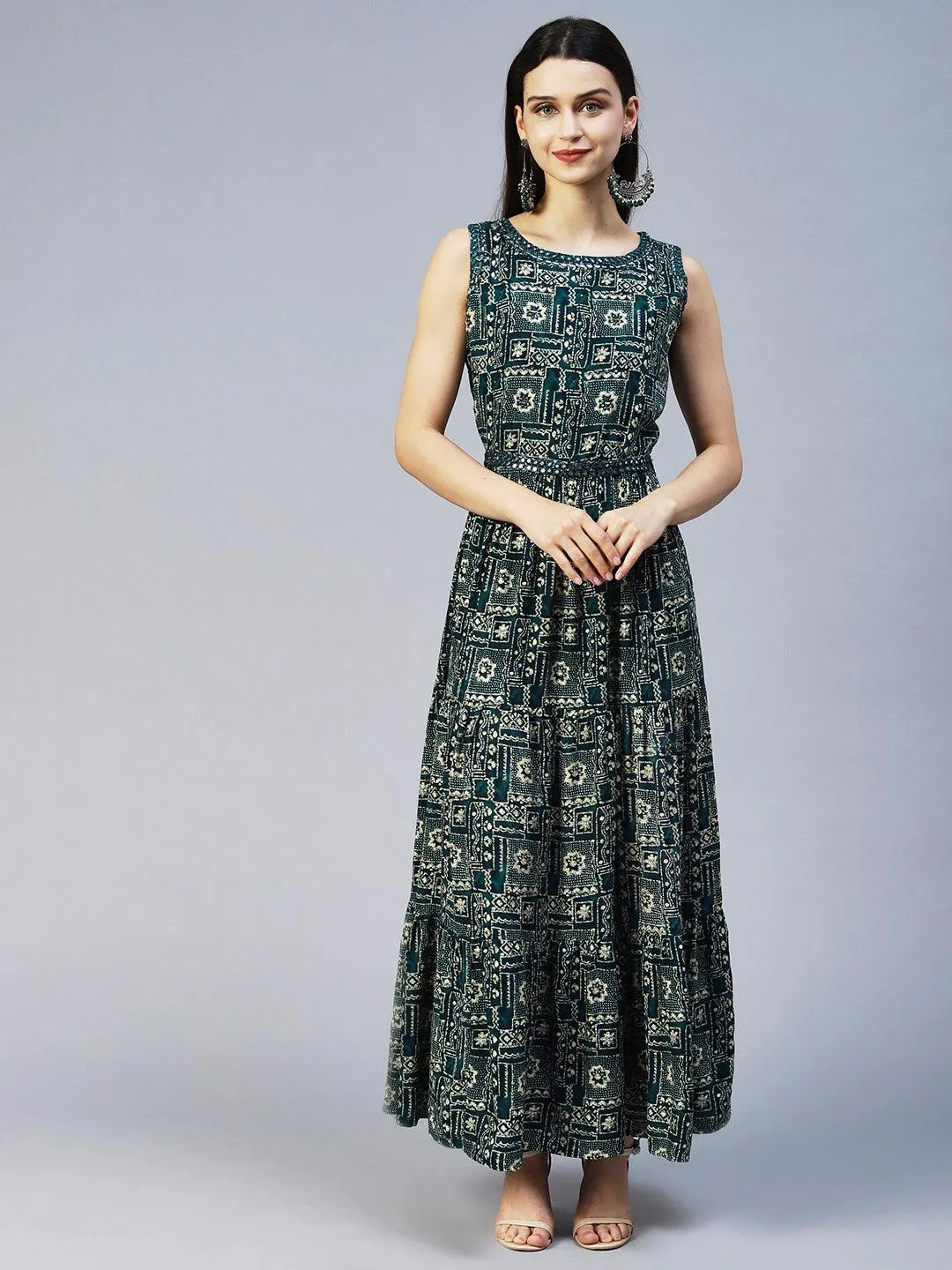 Ethnic Printed & Embroidered Tiered Flared Maxi Dress - Teal Blue