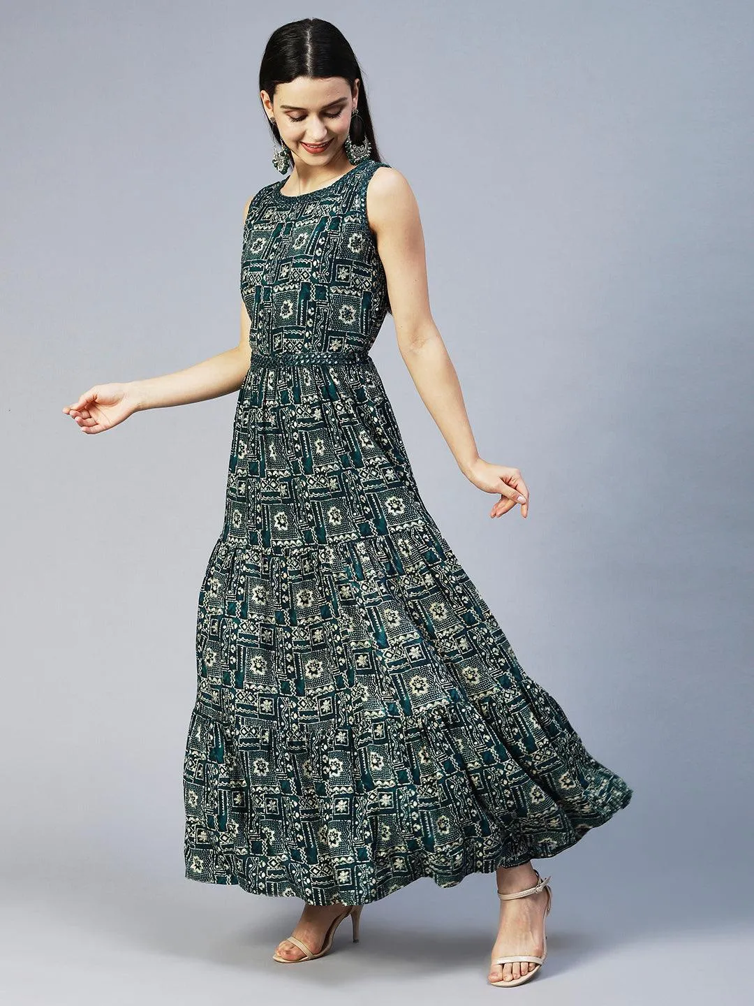 Ethnic Printed & Embroidered Tiered Flared Maxi Dress - Teal Blue